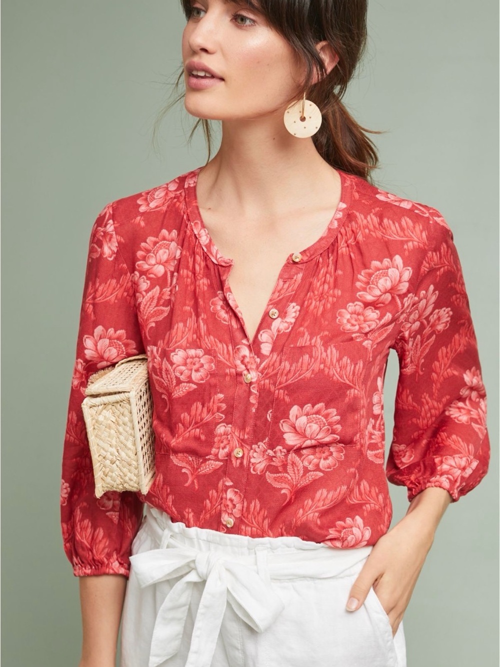 Anthropologie Red Floral Button Down Blouse w/ 3/4 Sleeve & Elastic cuff SMALL